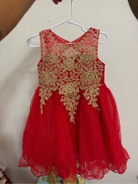 Tip Top Kids Red Dress with Gold Floral Embroidery